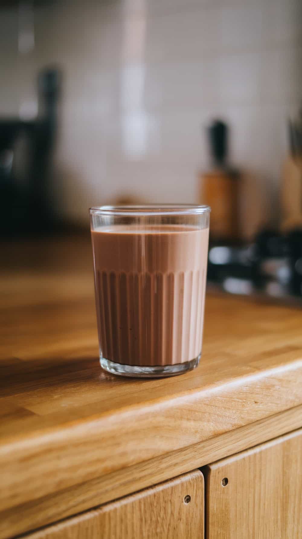 A glass of homemade chocolate milk on a wooden countertop.