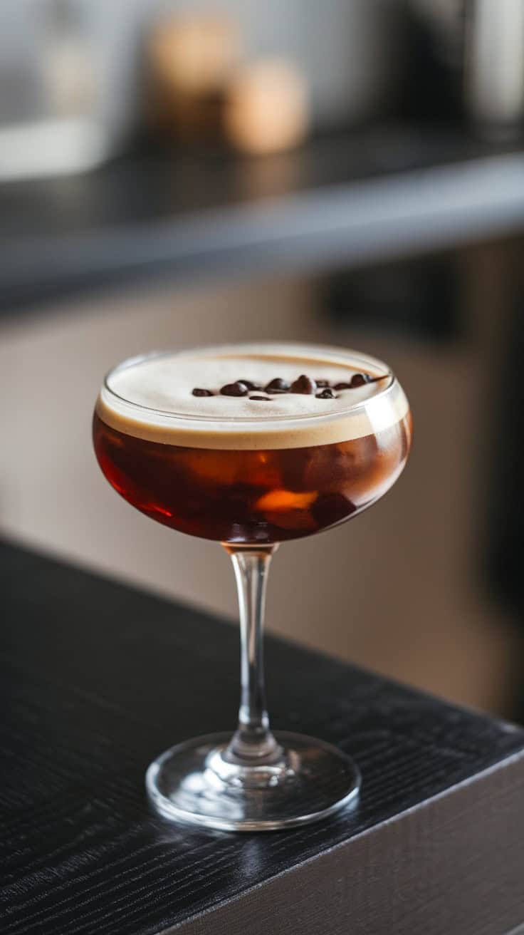 A Cold Brew Martini served in a stylish glass, garnished with coffee beans.