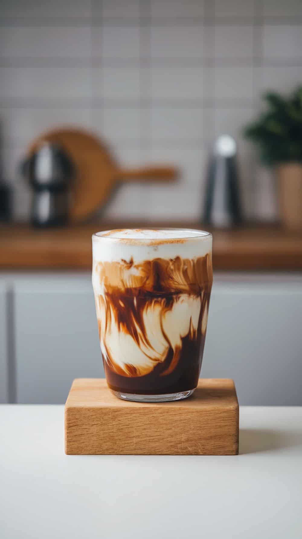 A glass of chocolate cream cold brew on a wooden coaster.