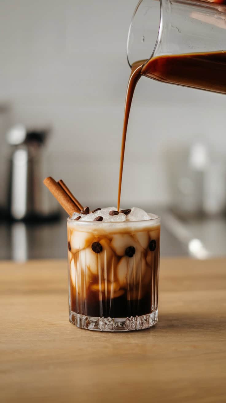 Glass of Carajillo coffee cocktail with ice, topped with foam and garnished with cinnamon sticks.