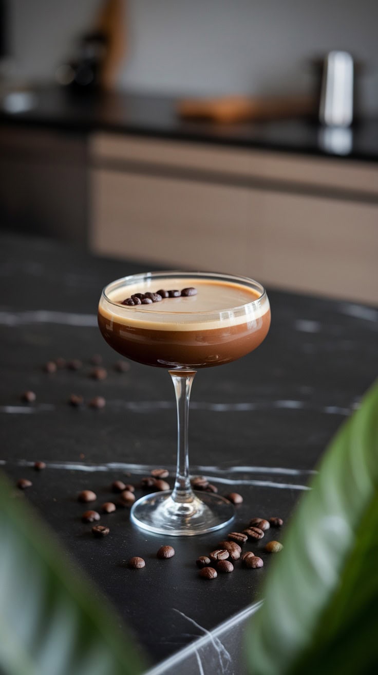 A Baileys Espresso Martini in a glass, garnished with coffee beans, on a marble surface.