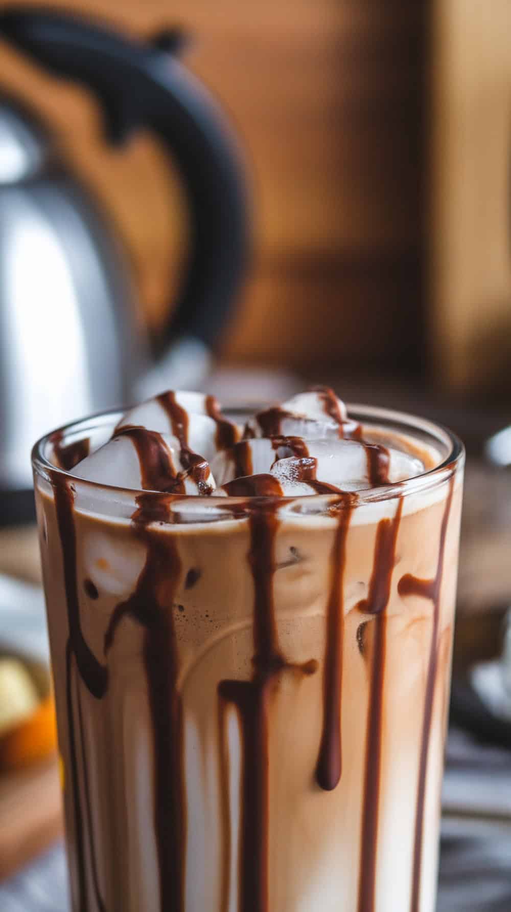 A glass of iced coffee with chocolate syrup drizzled on top, showcasing ice cubes and rich coffee.
