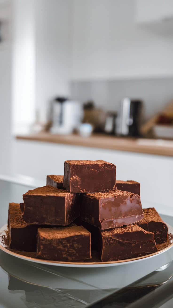 A plate stacked with rich mocha fudge