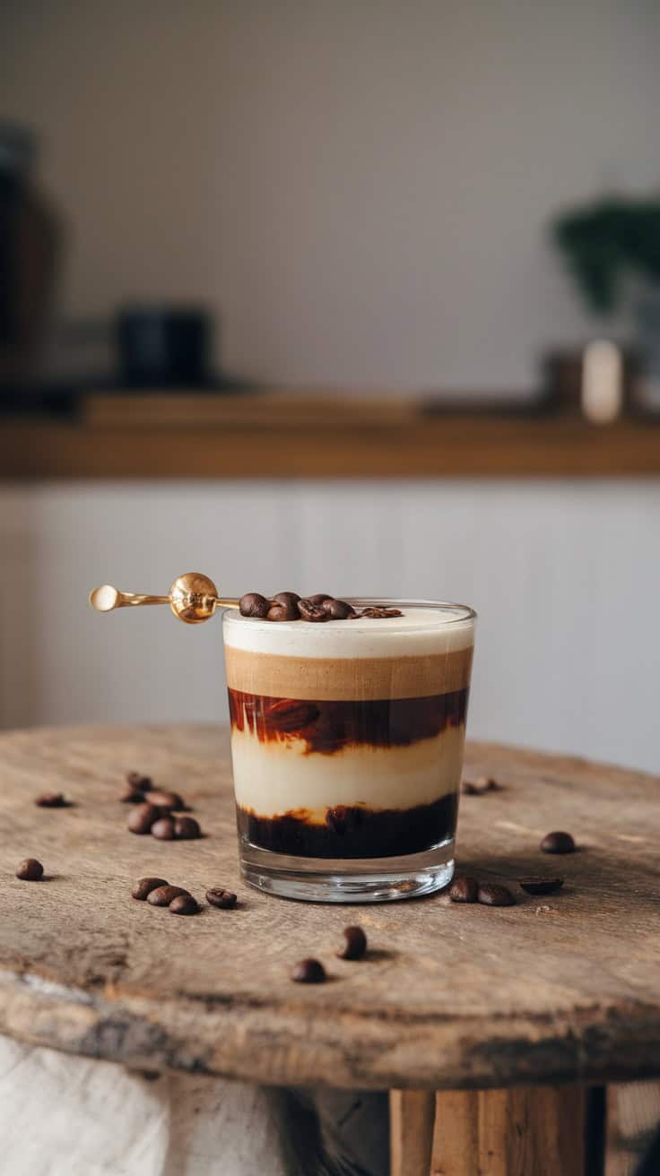 A beautifully layered Easy Carajillo cocktail served in a glass garnished with coffee beans.