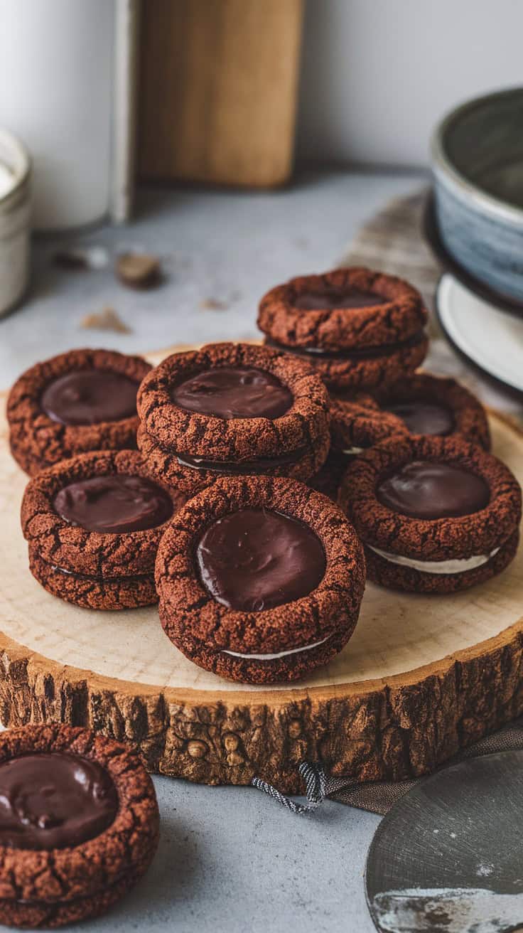 Chocolate espresso thumbprint cookies on a wooden platter.