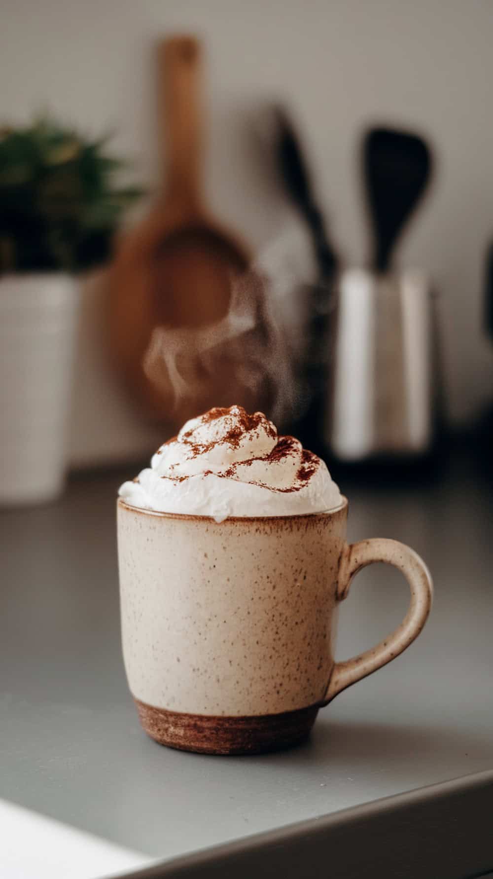 A steaming cup of white chocolate mocha topped with whipped cream and sprinkled with cocoa powder.