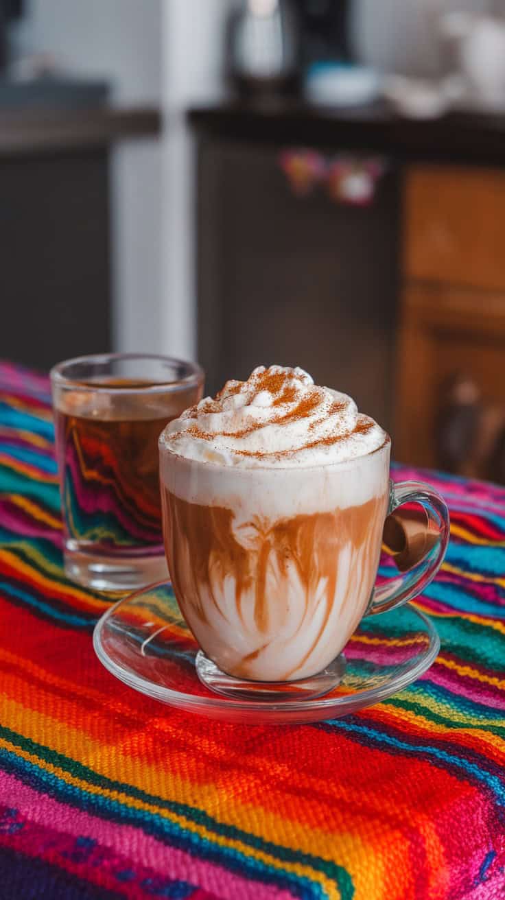 A serving of Mexican coffee topped with whipped cream and cinnamon, alongside a glass of liquor, on a colorful tablecloth.
