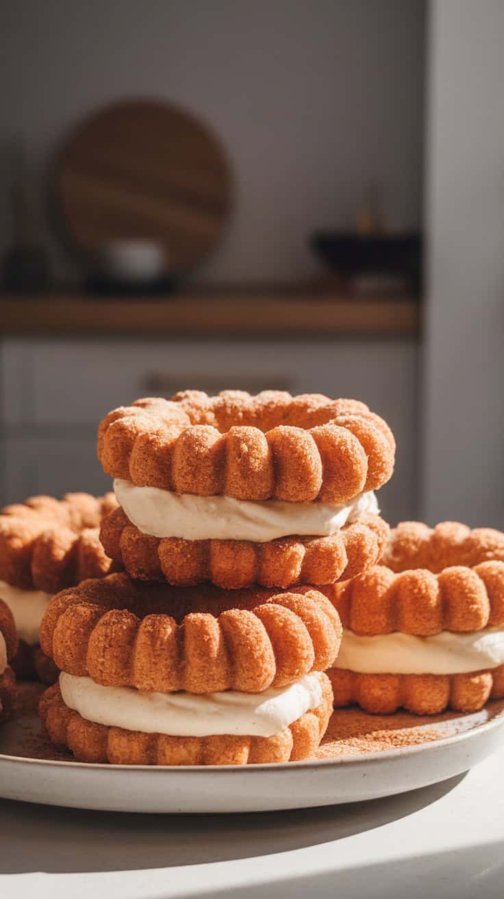Churro Cheesecake Cookies arranged on a plate, showcasing their golden brown color and fluffy filling.