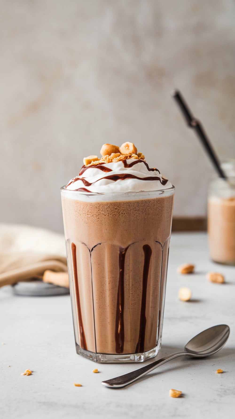 A delicious chocolate peanut butter protein shake topped with whipped cream and nuts.