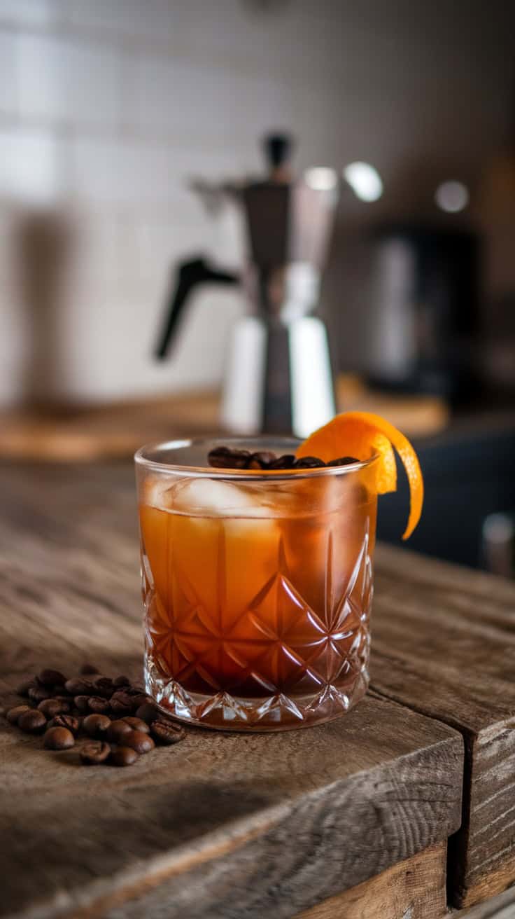A Bourbon Espresso Old Fashioned cocktail garnished with an orange twist and coffee beans.