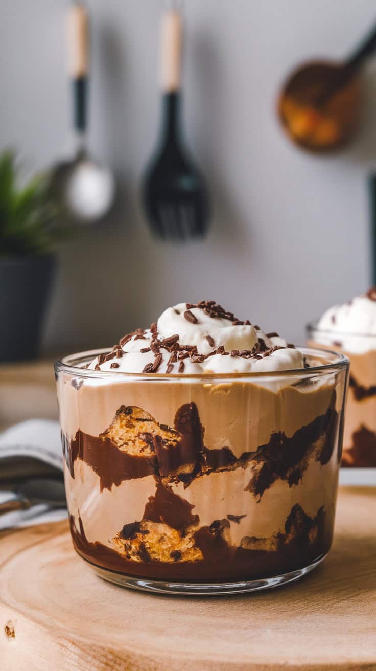 A delicious Mocha Biscuit Pudding topped with whipped cream and chocolate sprinkles.