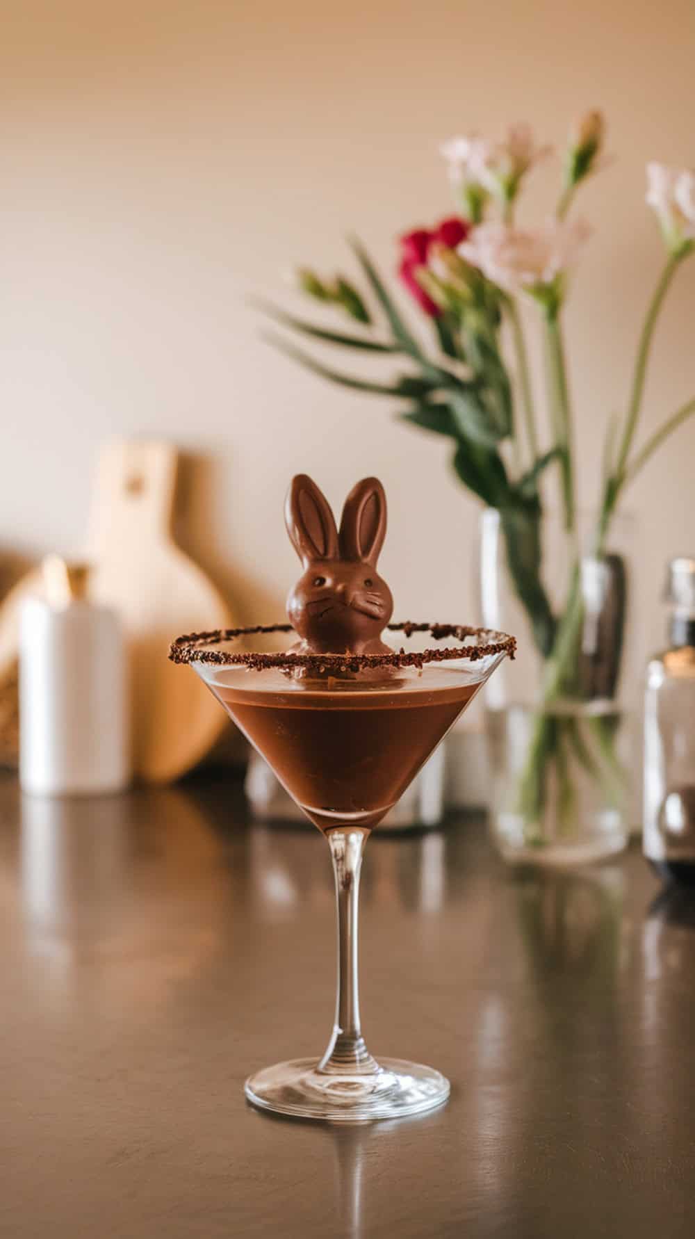 A Chocolate Bunny Martini with a chocolate bunny on top and flowers in the background.