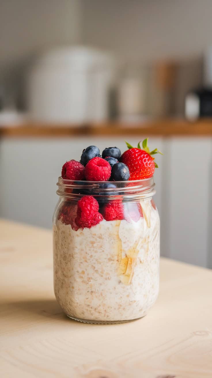 A jar of cottage cheese overnight oats topped with fresh fruits like strawberries, blueberries, and raspberries.