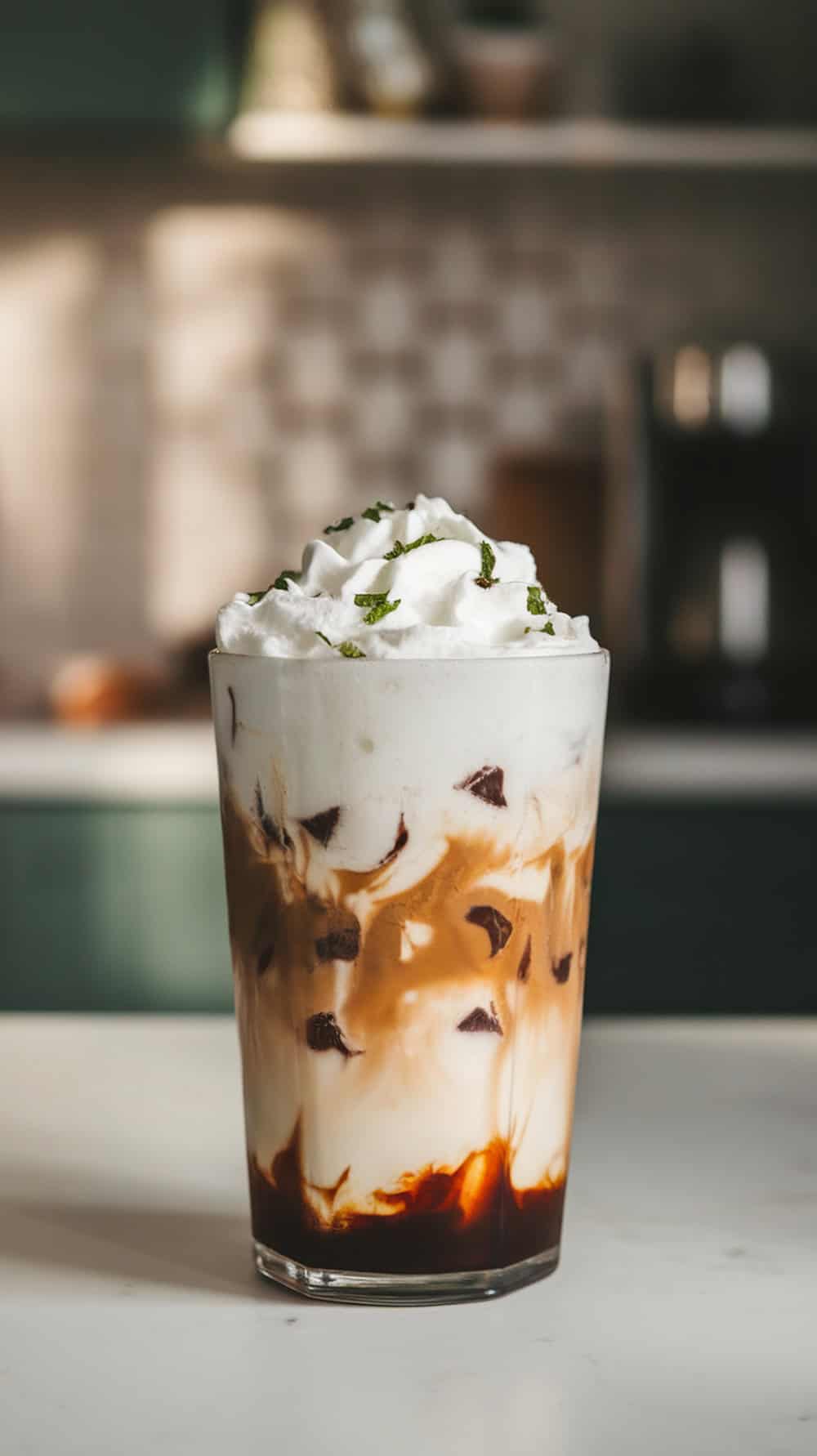 A glass of Mint Chocolate Chip Protein Iced Coffee topped with whipped cream and mint leaves.