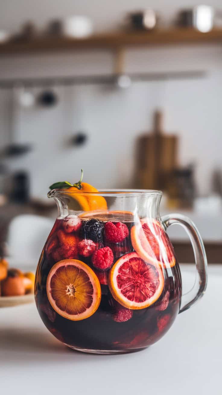 A pitcher of colorful coffee sangria filled with sliced fruits like oranges and berries.