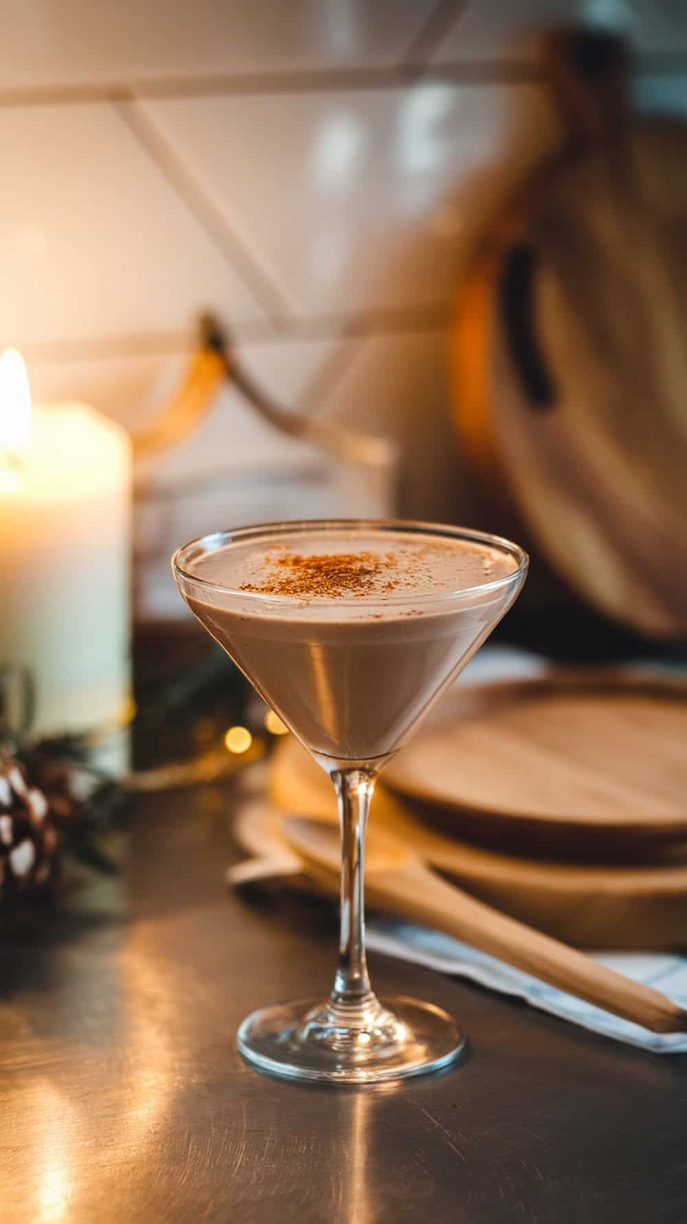 A Chocolate Eggnog Martini in a glass, garnished with a sprinkle of nutmeg, with festive decorations in the background.