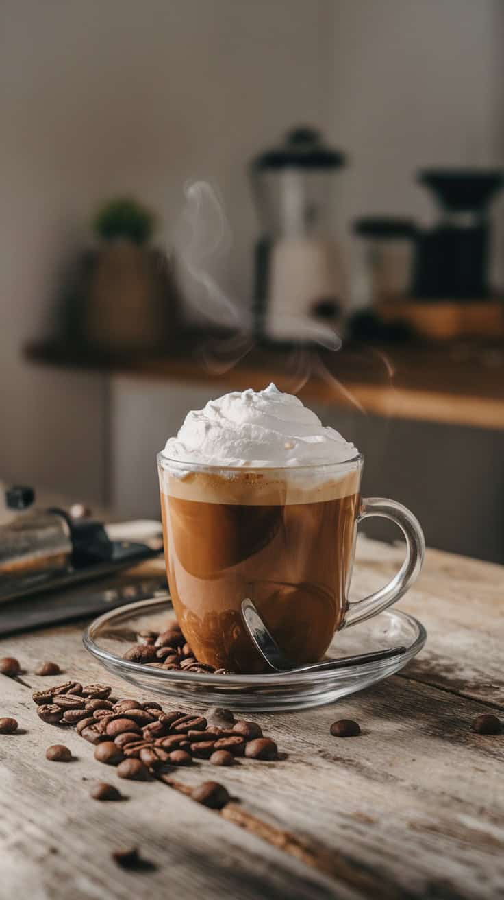 A glass of Irish Coffee topped with whipped cream, placed on a wooden table with coffee beans scattered around.