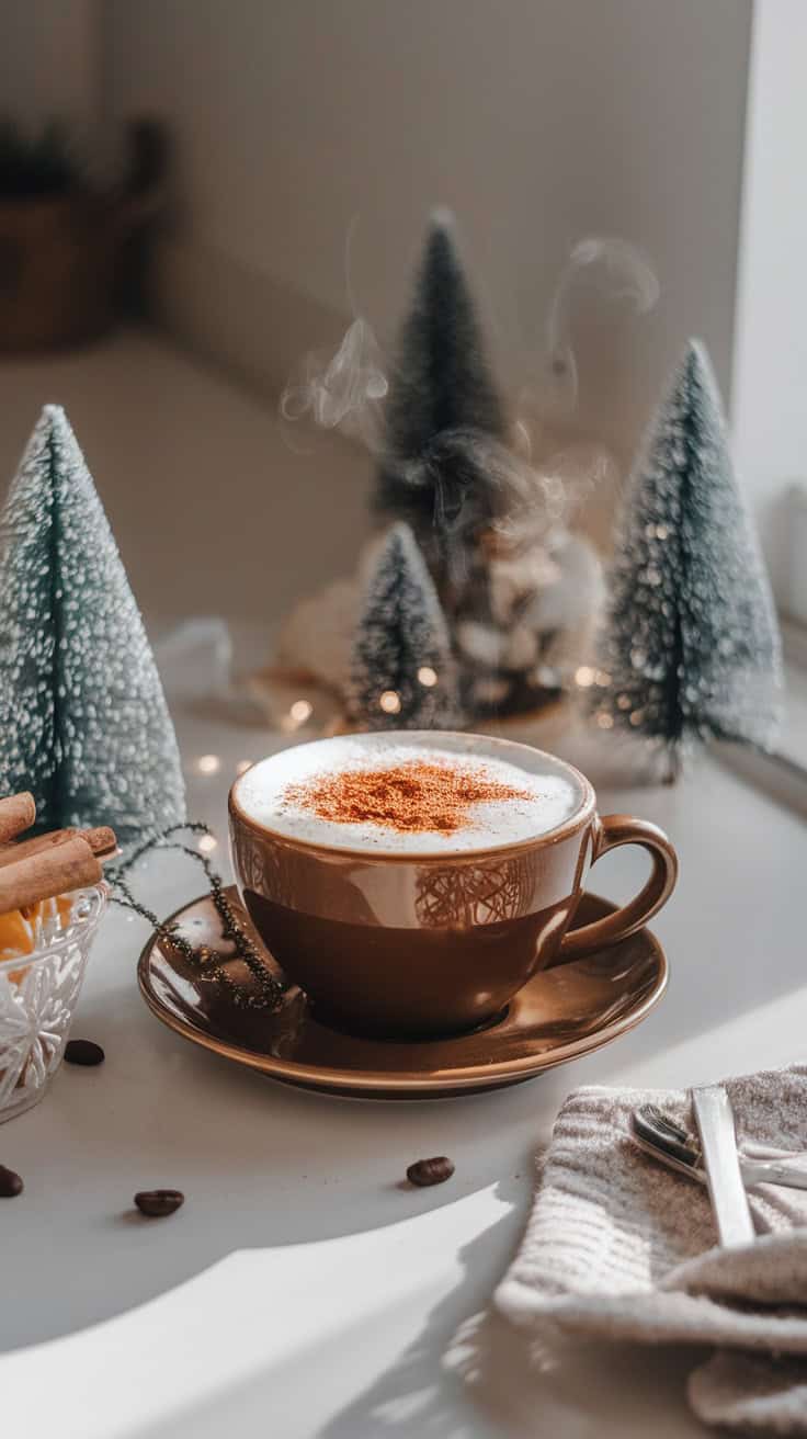 A cozy cup of coffee with cinnamon on top, surrounded by small Christmas trees and festive decor.