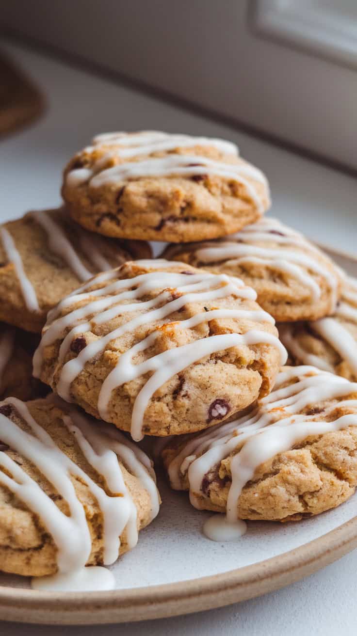 Plate of Dirty Vanilla Chai Latte Cookies drizzled with glaze
