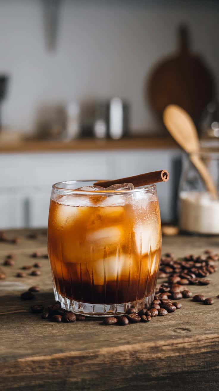 A glass of Brown Sugar Bourbon Cold Brew with ice and a cinnamon stick, surrounded by coffee beans.