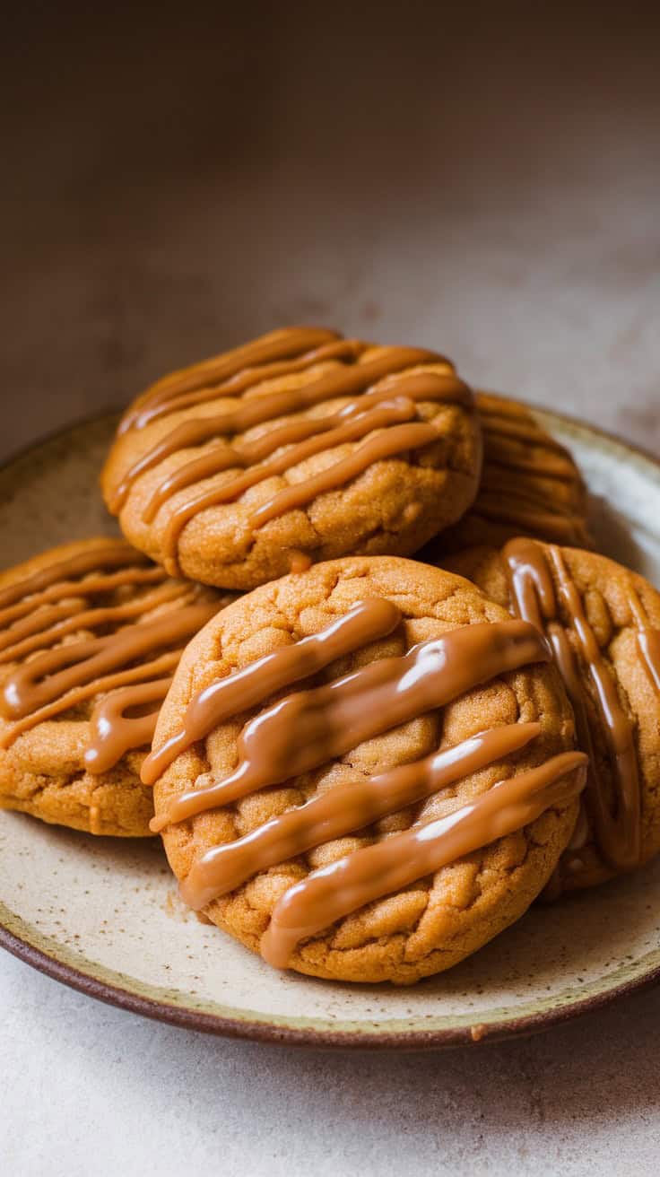 Plate of pumpkin spice latte cookies drizzled with frosting.