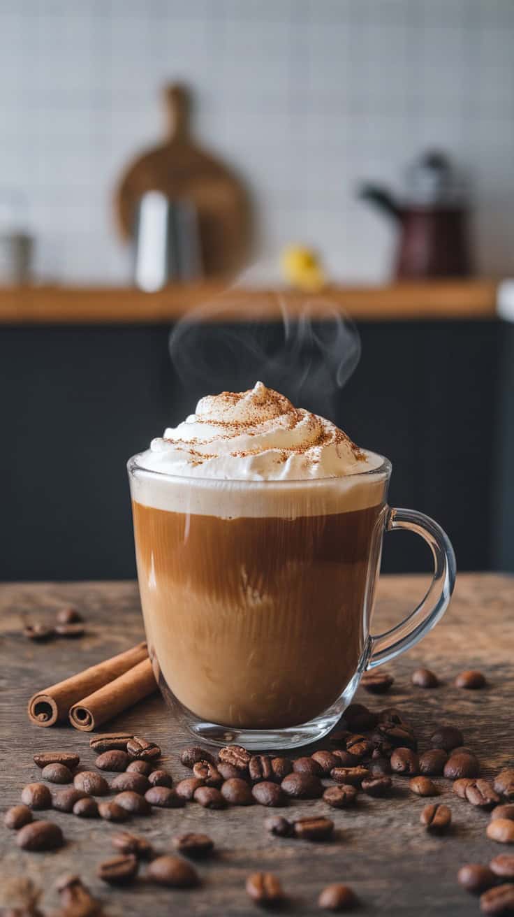 A steaming mug of Mexican coffee topped with whipped cream and cinnamon, surrounded by coffee beans and cinnamon sticks.