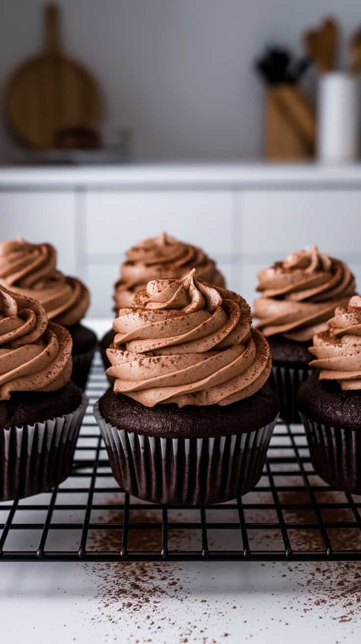 Chocolate coffee cupcakes topped with mocha buttercream frosting on a cooling rack