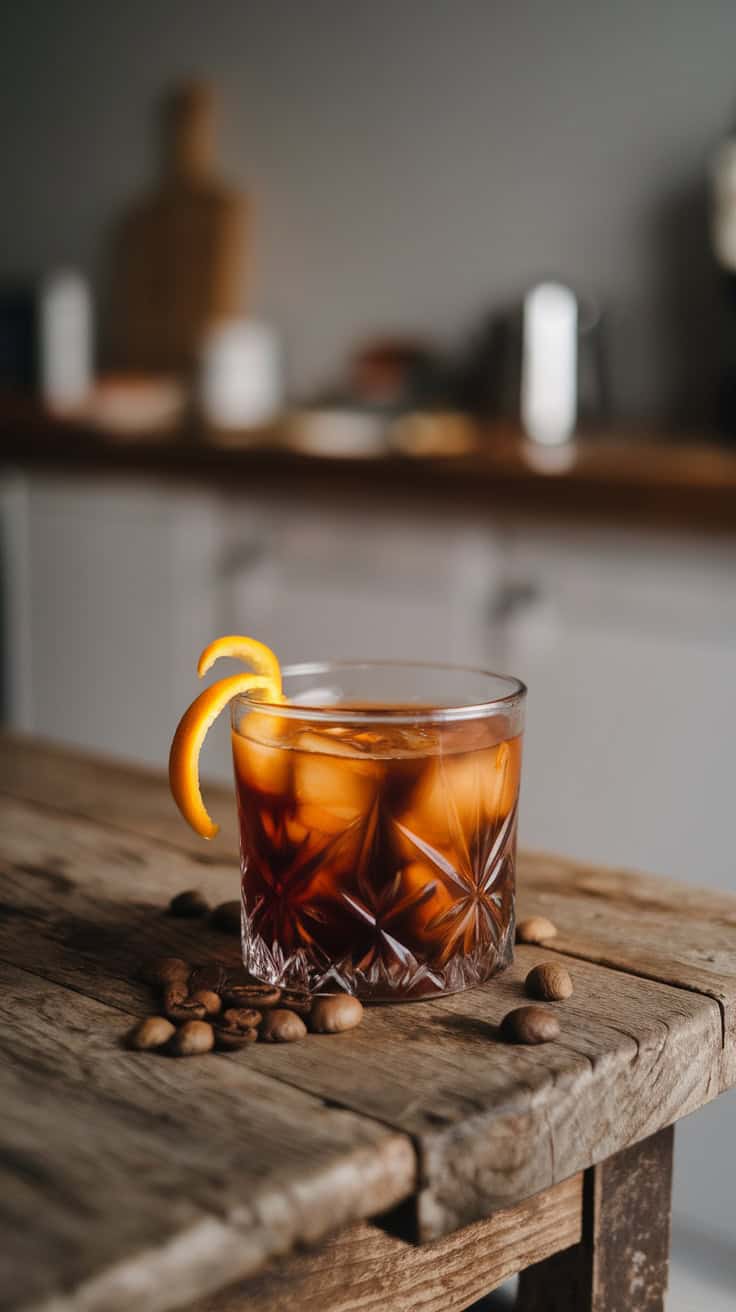 A stylish Espresso Old Fashioned cocktail served in a crystal glass, featuring ice, espresso, and an orange twist on the rim.