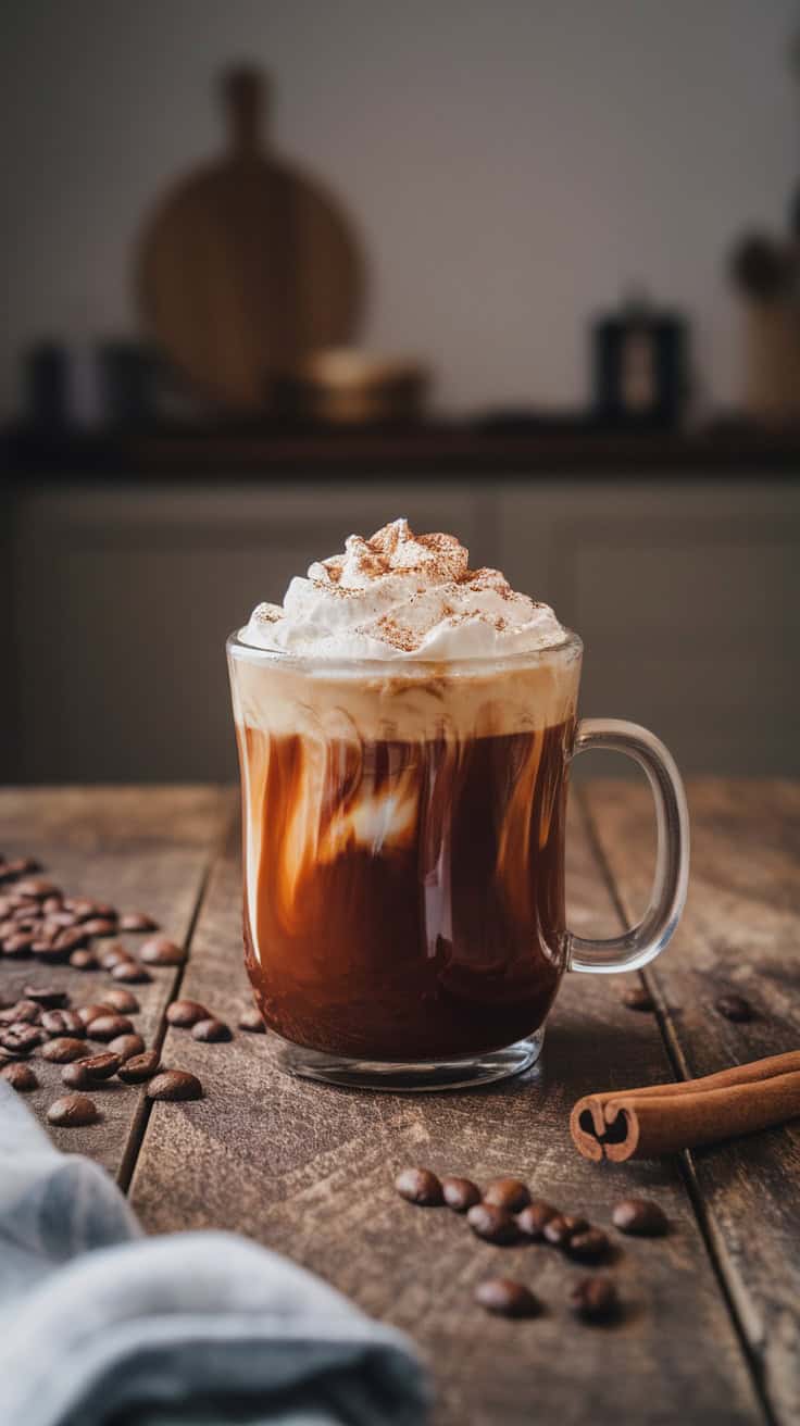 A glass of spiced rum coffee topped with whipped cream and cinnamon, surrounded by coffee beans and a cinnamon stick.