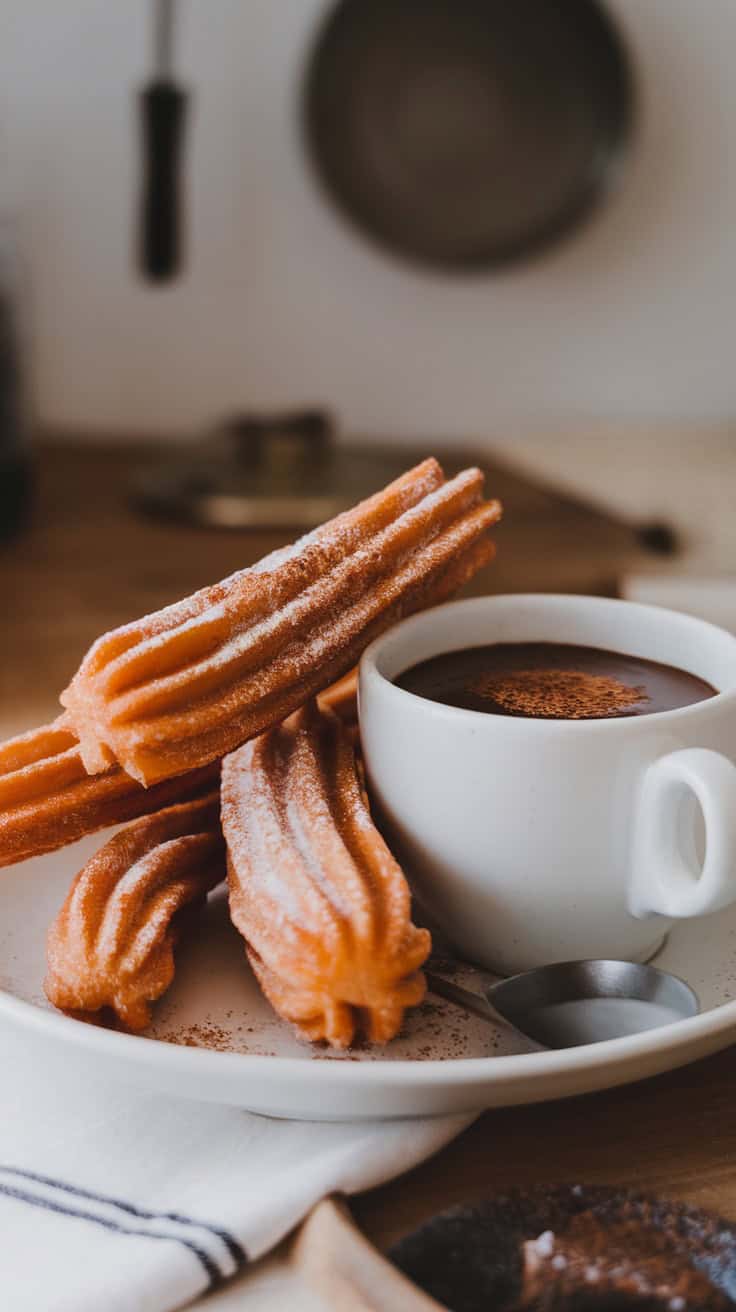 Plate of cinnamon churros with a small cup of coffee chocolate sauce