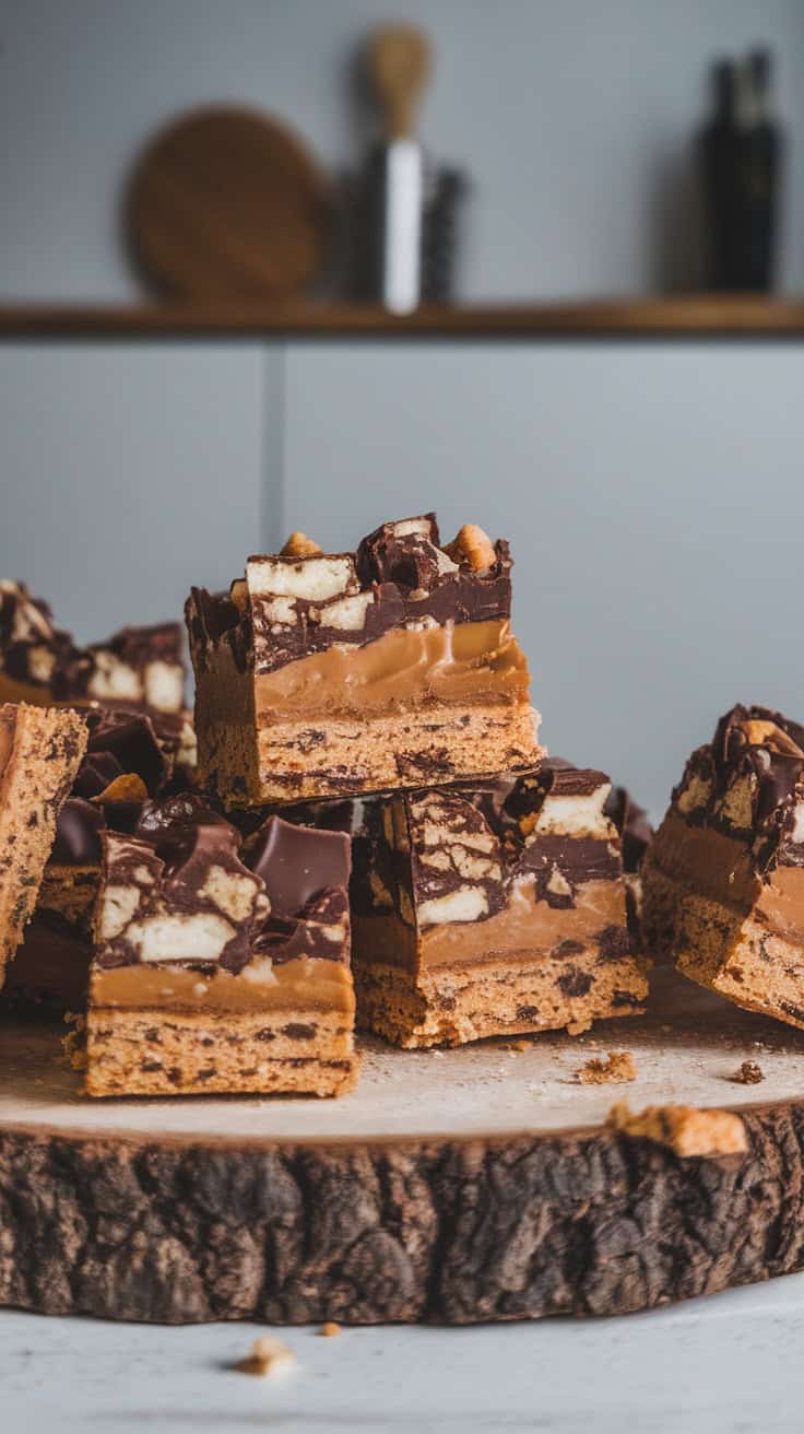 Delicious coffee cookie crack bars stacked on a wooden board