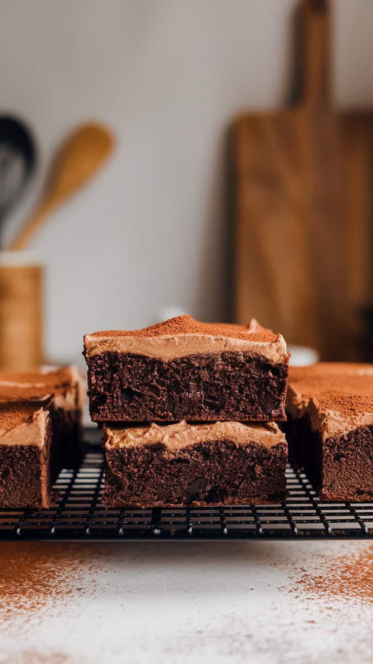 Close-up of espresso brownies with cream cheese frosting on a cooling rack