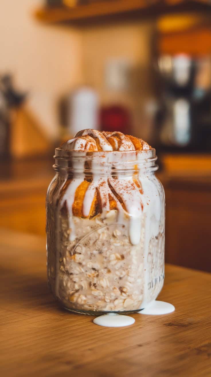 Jar of Cinnamon Bun Overnight Oats with icing and cinnamon on top
