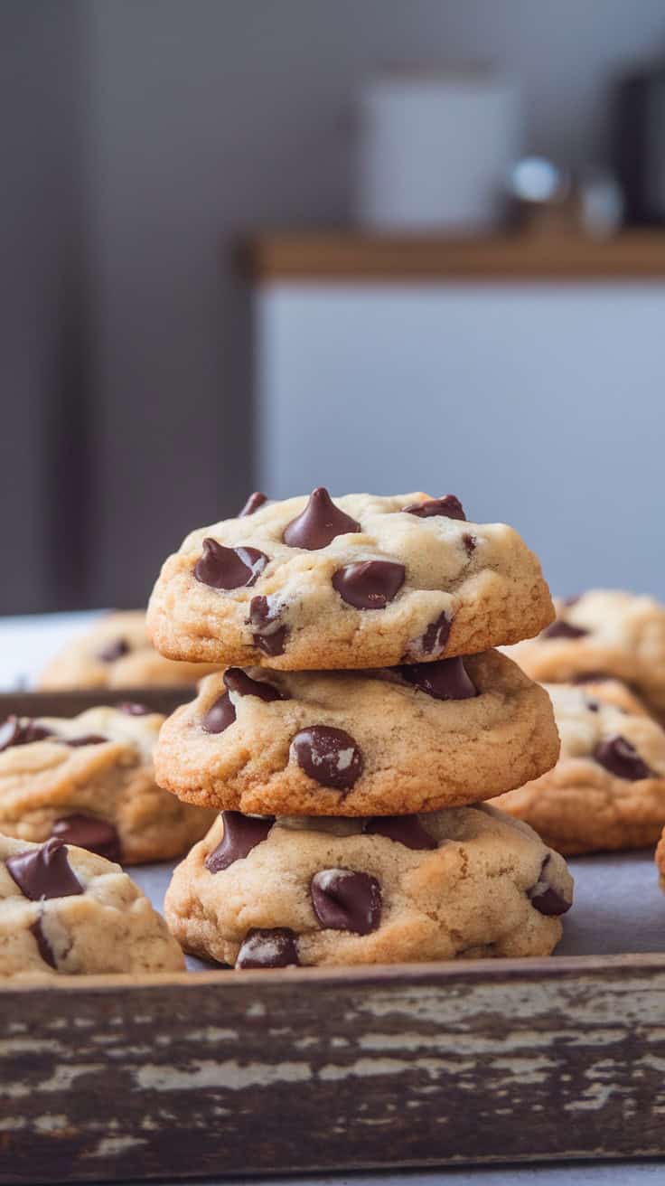 Delicious Baileys Irish Cream chocolate chip cookies stacked on a wooden tray.