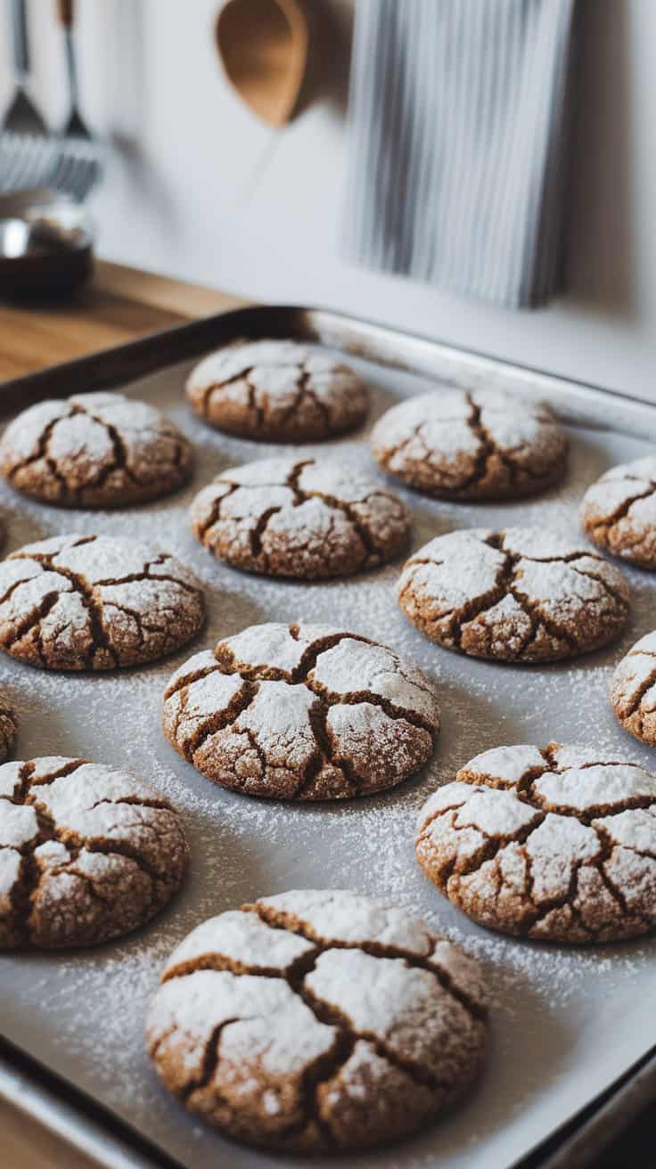 Freshly baked cinnamon coffee crinkles on a baking tray, dusted with powdered sugar.