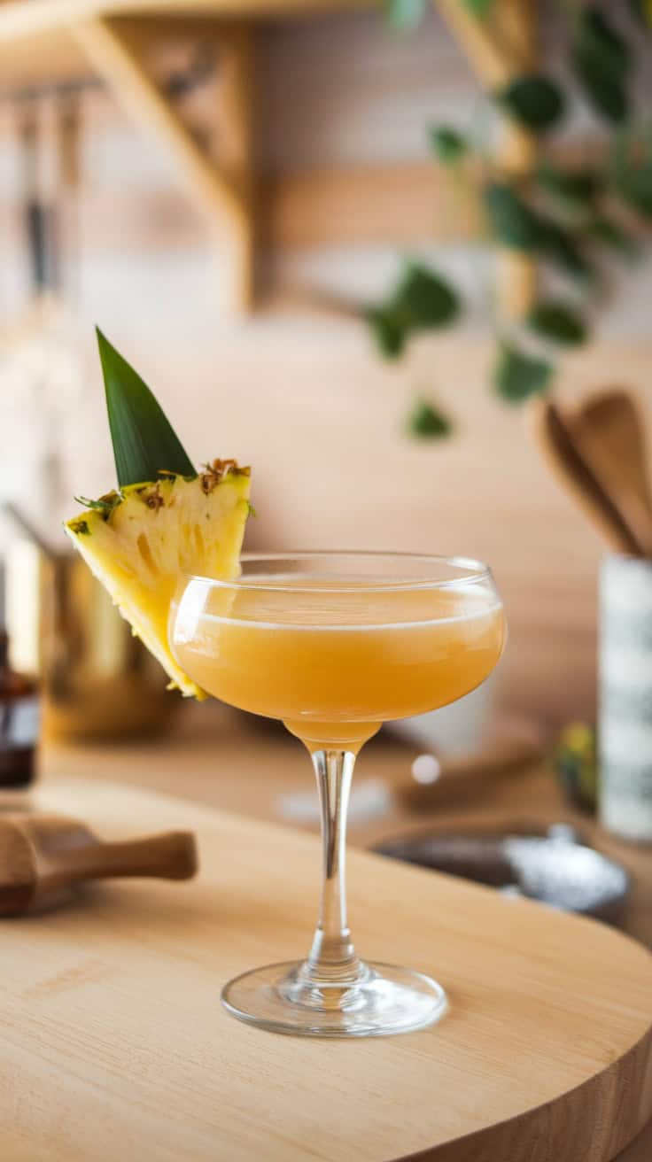 A refreshing Pineapple Daiquiri cocktail garnished with a slice of pineapple on a wooden countertop.