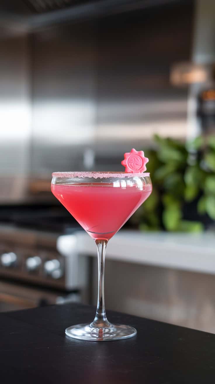 A beautifully crafted Pink Starburst Martini in a sleek glass, garnished with a pink decoration.