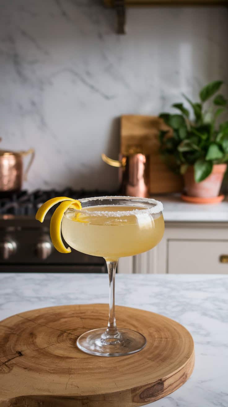 A refreshing Meyer Lemon Drop Martini garnished with lemon peels, served on a wooden cutting board.