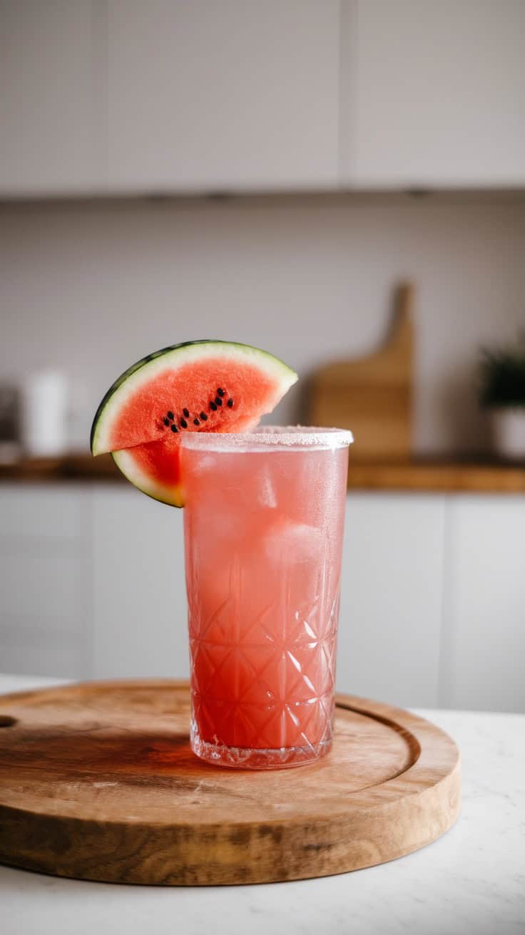 A refreshing watermelon cocktail with a slice of watermelon on the rim, served in a clear glass.