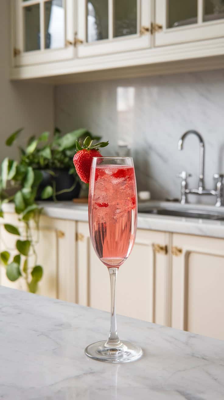 A beautiful glass of Strawberry Champagne Cocktail with fresh strawberries.