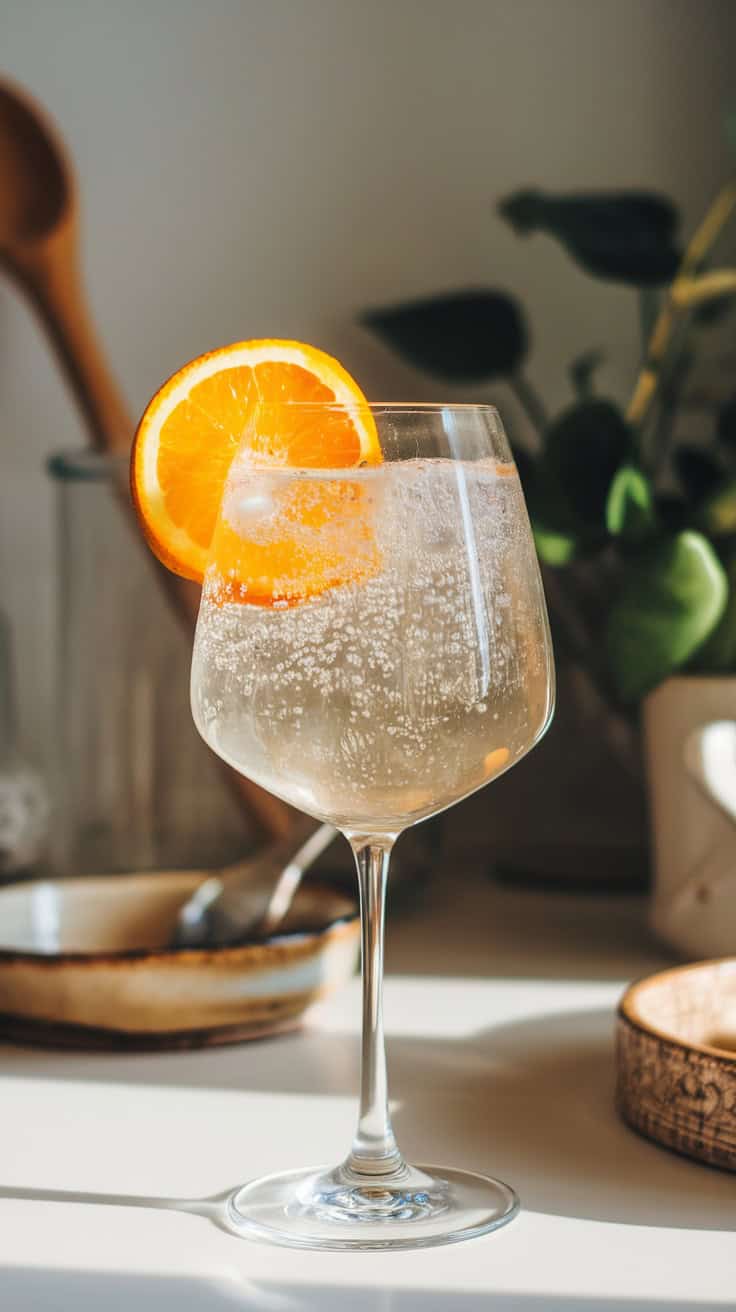 A refreshing cocktail with a slice of orange, served in a clear glass.