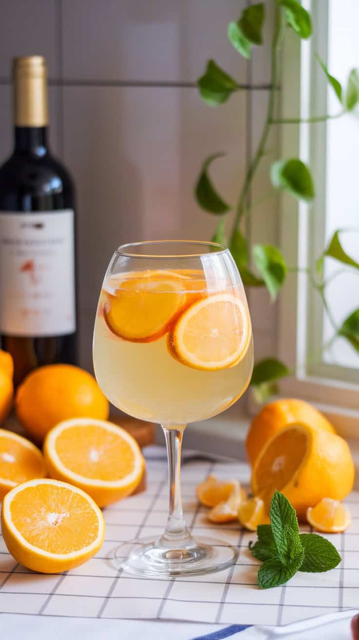 A glass of Meyer Lemon Sangria garnished with lemon slices, with oranges and a bottle of wine in the background.