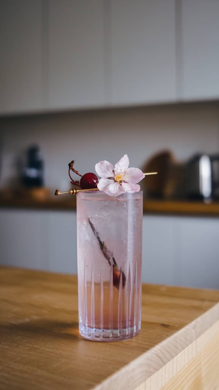 A refreshing Cherry Blossom Fizz cocktail with a cherry and flower garnish.