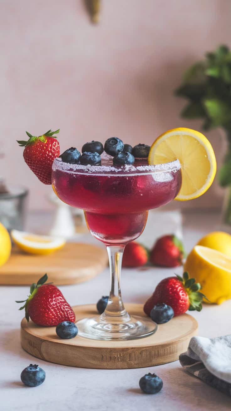 A glass of mixed berry margarita garnished with strawberries and blueberries.