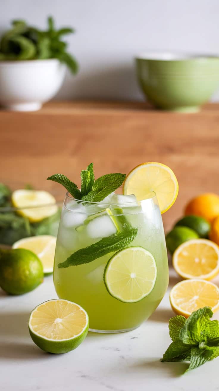 A refreshing glass of Emerald Isle Punch with lime and mint leaves.