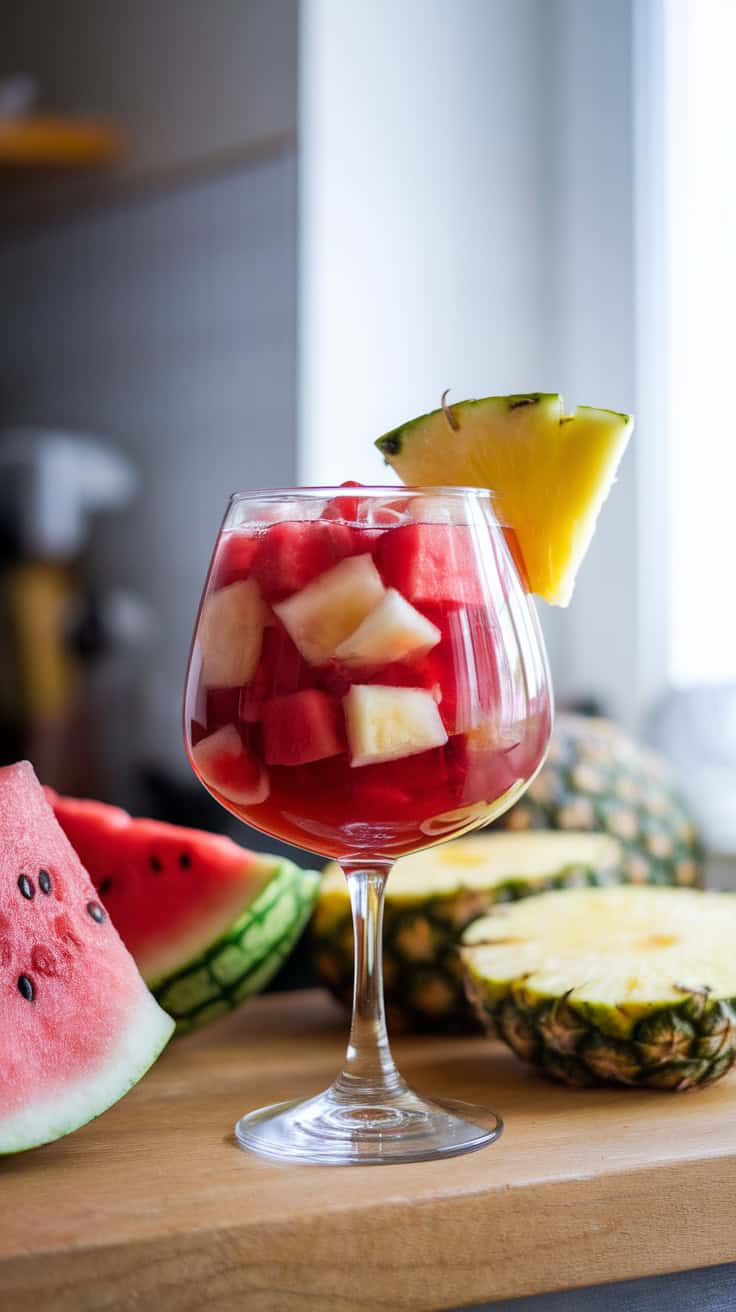A glass of sangria filled with watermelon and pineapple, garnished with a pineapple slice, with watermelons and pineapples in the background.