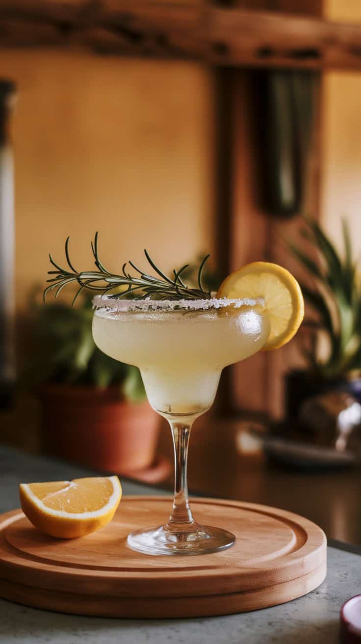 Meyer lemon margarita garnished with rosemary and lemon slice on a wooden platter.