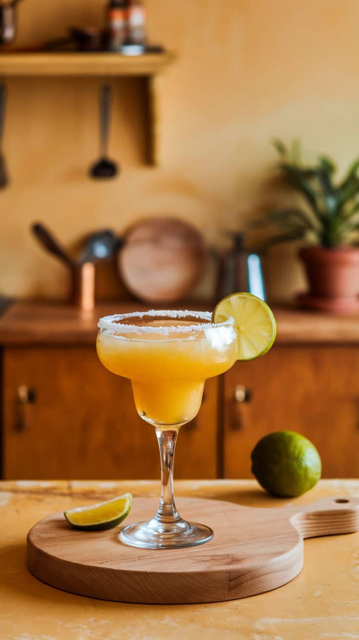 A vibrant mango margarita served in a glass with a lime slice, placed on a wooden board.