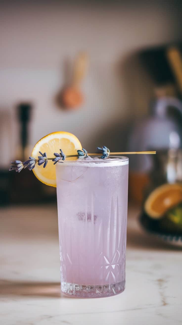 A refreshing Lavender Lemon Collins cocktail garnished with a lemon slice and lavender sprigs.