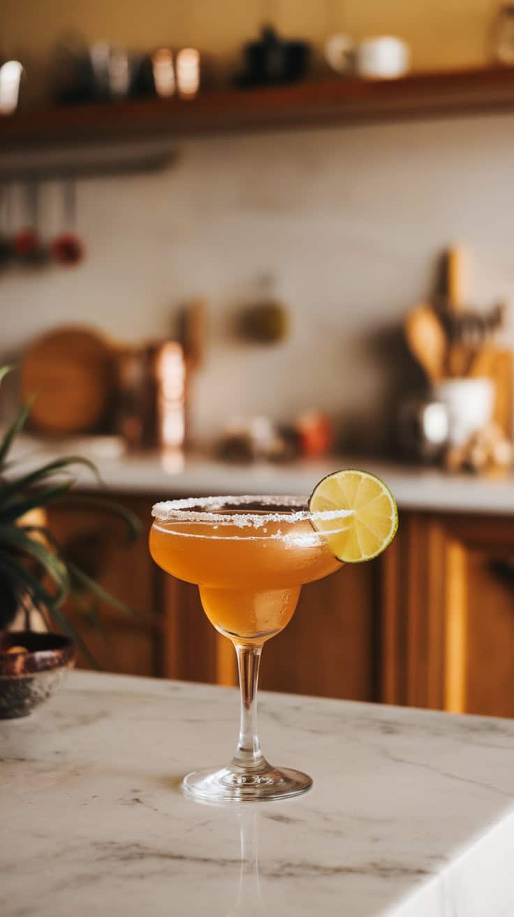 A golden margarita cocktail with a lime slice on the rim, placed on a marble countertop.